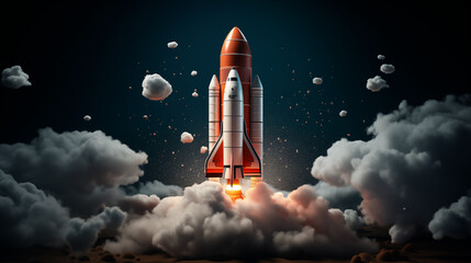 Stylized Illustration of Space Shuttle Launch with Rocky Terrain