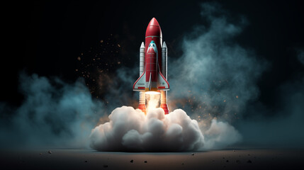 Red Space Rocket Launch with Clouds and Night Sky Background