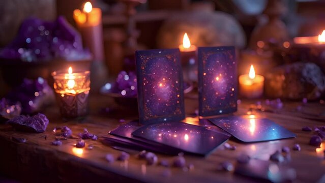 Tarot cards with candle light purple colors. fortuneteller reads fortunes by tarot cards and candles on the background. Astrology occult magic spiritual horoscopes and palm reading 4k video beauty
