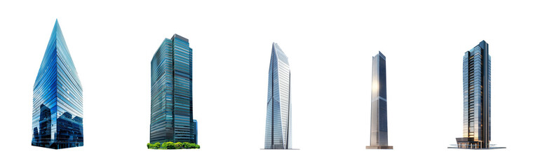 Skyscraper set. Tall, supertall, megatall skyscrapers collection. Isolated transparent PNG background. Concepts based on: corporate, financial, commercial, reflection, center, facade, finance, windows