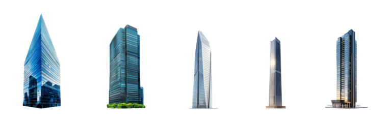 Skyscraper set. Tall, supertall, megatall skyscrapers collection. Isolated transparent PNG background. Concepts based on: corporate, financial, commercial, reflection, center, facade, finance, windows