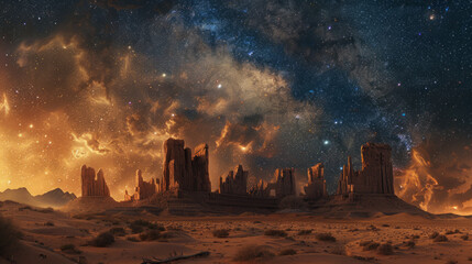 Digital Art, Fictional desert landscape with starry night sky and luminous ruins. - obrazy, fototapety, plakaty