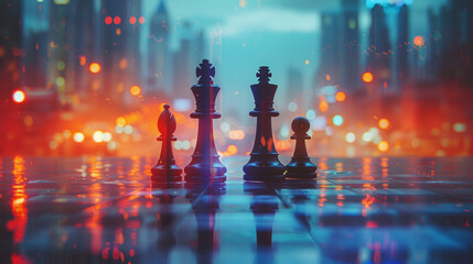 Business Strategy, Chess pieces against a city backdrop symbolize corporate tactics. - obrazy, fototapety, plakaty