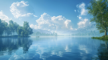 Nature Landscape, A tranquil lake mirroring the vibrant blue sky. - obrazy, fototapety, plakaty