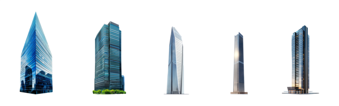 Skyscraper set. Tall, supertall, megatall skyscrapers collection. Isolated transparent PNG background. Concepts based on: corporate, financial, commercial, reflection, center, facade, finance, windows
