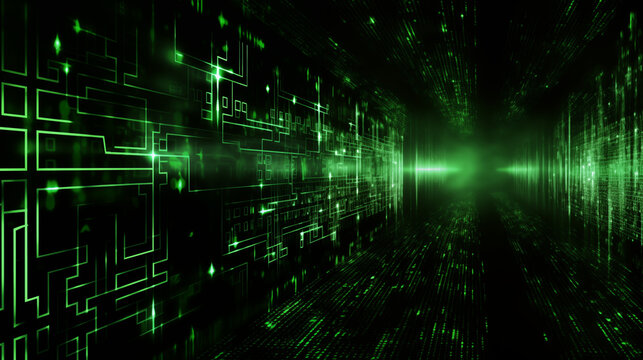 Digital Matrix Network with Luminous Green Lines on Dark Background