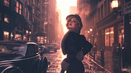 photography portrait of beautiful woman , stylish hair, background a New York street, in the style...