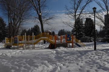 Sapporo Japan April 1 2024 The empty vacant children park in the white snow landscape