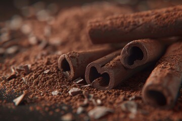 Obraz na płótnie Canvas Cinnamon sticks paired with grated chocolate, creating a perfect blend of flavors.