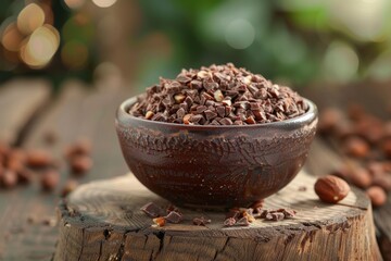 A small bowl filled with a mixture of grated chocolate and nuts, creating a delicious and crunchy treat