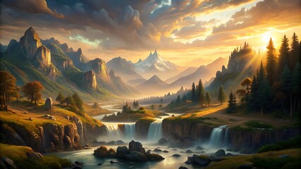 A beautiful landscape with a mountain range and a waterfall. The sky is orange and the sun is setting