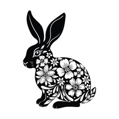 Easter bunny with floral pattern. Illustration for postcard, poster, sticker, pattern. Cute animal silhouette