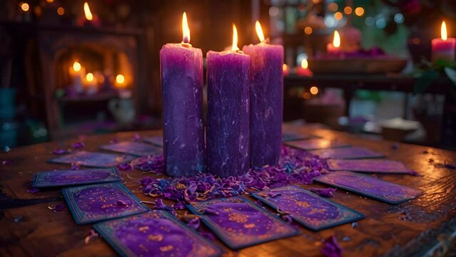 Tarot cards with candle light purple colors. fortuneteller reads fortunes by tarot cards and candles on the background. Astrology occult magic spiritual horoscopes and palm reading 4k video beauty