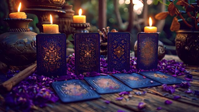 Tarot cards with candle light purple colors. fortuneteller reads fortunes by tarot cards and candles on the background. Astrology occult magic spiritual horoscopes and palm reading 4k video beauty