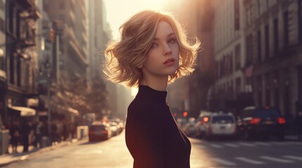 Fototapeta na wymiar photography portrait of beautiful woman , stylish hair, background a New York street, in the style of George created by ai