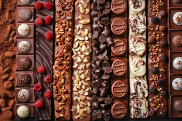 Assorted chocolate bars with various fillings and toppings, captured from above.