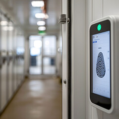 A fingerprint scanner is mounted on a wall in a well-lit corridor, indicating secure access to the rooms.