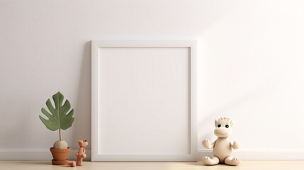 A blank frame is central, flanked by a toy and a potted plant, with a playful figurine seated beside it - obrazy, fototapety, plakaty