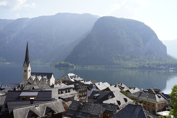Views of the beautiful village of Hallstatt and the lake in Austria.