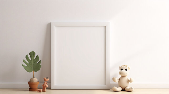 A blank frame is central, flanked by a toy and a potted plant, with a playful figurine seated beside it