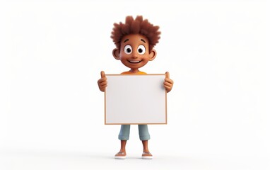 3D cartoon character smiling boy with brown skin holding a blank whiteboard
