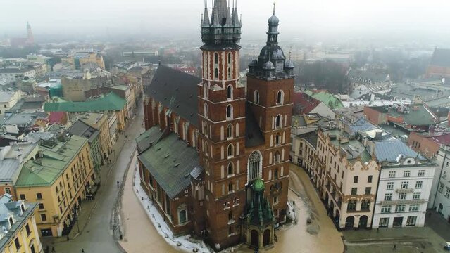 Aerial View On Bazylika Mariacka In Cracow, Beautiful Polish Footage