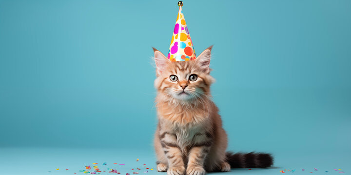 Funny cat. Pets. Zooclinic, veterinary. Hotel for animals. Kitten in birthday hat.