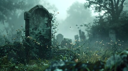 Eerie Mist Shrouded Graveyard Amid Foreboding Forest Shrouded in Mystery - obrazy, fototapety, plakaty