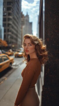 photography portrait of beautiful woman , stylish hair, background a New York street, in the style of George created by ai