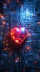A glowing red heart-shaped circuit amidst intricate blue machinery.