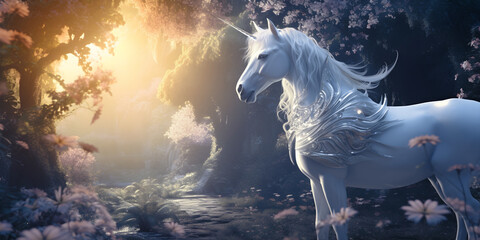 Beautiful majestic Unicorn standing proud deep in the forest - a mystical creature unseen by human eyes basking in soft golden light under the shade of trees
- 778190618