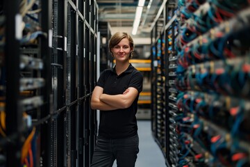 A person standing with arms crossed in a server room, conveying expertise and confidence in technology.