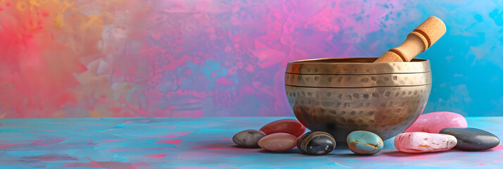 Tibetan singing bowls and tumbled healing crystals on an abstract grunge neon background - pink turquoise and orange rustic painterly background and copy space for spiritual sound healing message
