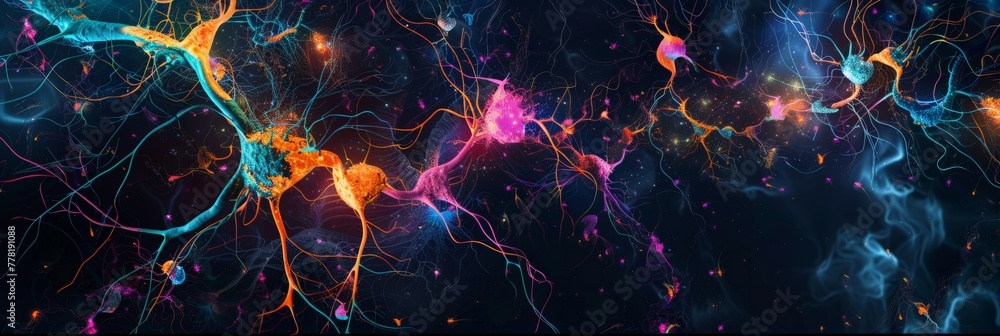 Poster vivid neural network illustration with bright, interconnected nodes. neurology concept