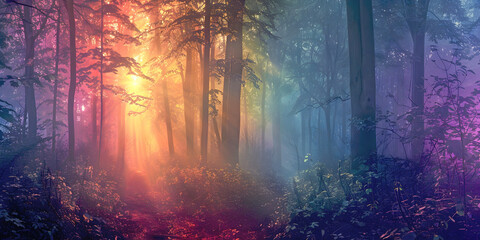 Ethereal magical misty forest scene  - beautiful colourful tall pine trees with mystical haze ideal for a fantasy spiritual theme and copy space for text
