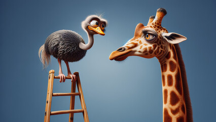 Quirky baby ostrich standing on a ladder, looking into the eyes of a giraffe. Cartoon illustration of animal. Concept of curiosity, courage, perspective, unconventionality, connection, fearless - obrazy, fototapety, plakaty