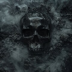 black skull on a black background with shimmer and fog.