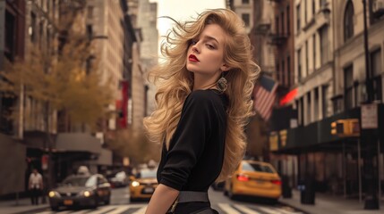 Fototapeta premium photography portrait of beautiful woman , stylish hair, background a New York street, in the style of George created by ai