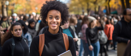 Young African American female student smiling at camera, holding books, with bustling campus and diverse student crowd in the background, illustrating higher education and college life - obrazy, fototapety, plakaty