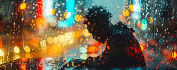 Conveys a mood of contemplation or solitude in an urban setting at night, enhanced by the raindrops on the window and the bokeh of city lights.