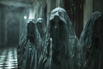 Haunted Mansion s Specters Guarding Cursed Artifact s Dark Secrets in Cinematic Rendering - obrazy, fototapety, plakaty
