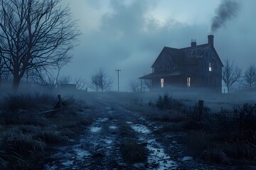 Haunting Abandoned Farmhouse Shrouded in Mysterious Mist Cinematic Paranormal Investigation Scene