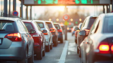 Cars lined up in a traffic jam during a sunny day with bright sunlight casting a glow on the scene.