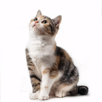 A curious kitten looks up, showcasing its multicolored fur against a white background.