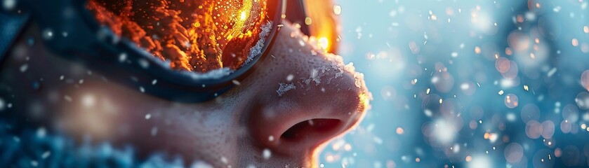 Fiery Reflections: A Close-Up of Winter Goggles Amidst Snowfall