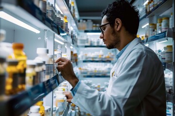 Focused pharmacist checking stock in a pharmacy. Medication and health services management - Powered by Adobe