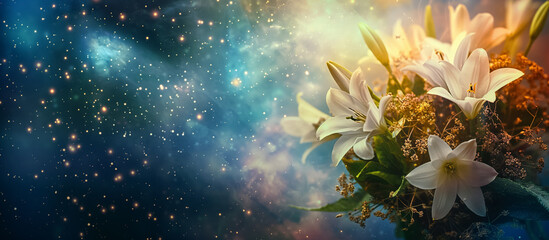 Bouquet of white flowers with a cosmic backdrop, evoking a dreamy starscape.