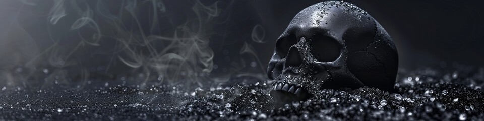 black skull on a black background with shimmer and fog. - obrazy, fototapety, plakaty