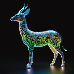Decorative deer made of glass on a black background. 3d rendering