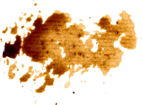 Spilled coffee, drops and splashes scattered in different directions on an isolated background